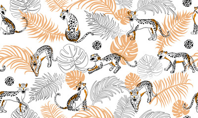 Fototapeta na wymiar Leopard seamless pattern. Abstract composition with leopards in different poses. Tropical leaves with leopard dots. Vector illustration for textile, postcard, fabric, wrapping paper and packaging.
