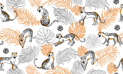 Fototapeta premium Leopard seamless pattern. Abstract composition with leopards in different poses. Tropical leaves with leopard dots. Vector illustration for textile, postcard, fabric, wrapping paper and packaging.