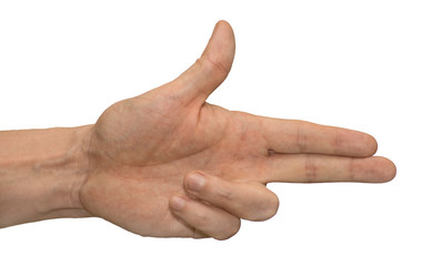 A hand gesture showing a gun. Hand on a white background, isolate.