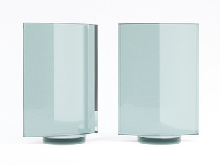Glass stand for booklets on white background. Mockup. 3D