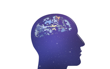 Human head silhouette with brain shaped puzzle. Artificial intelligence and brainstorm concept.