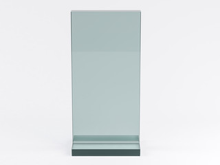 Glass stand for booklets on white background. Mockup. 3D