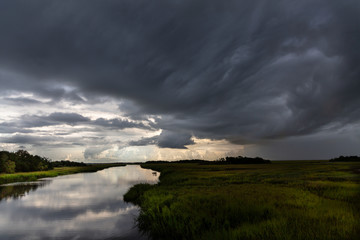 Dark stormy clouds over marsh with sunlight