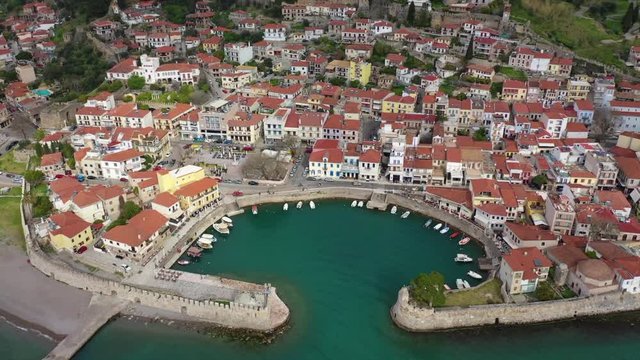 Aerial drone video of iconic Venetian port and castle of Nafpaktos famous from battle of Lepanto a historic event of great importance, Aitoloakarnania, Greece