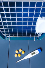 Carrier for a pet with a medical thermometer and pills. Concept of veterinary clinic and first aid for cats and dogs