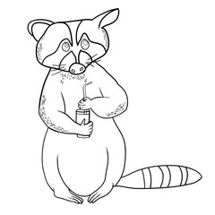 Vector illustration, linear black and white drawing, cartoon, funny raccoon