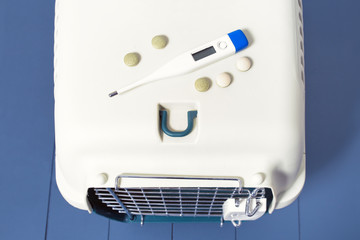 Carrier for a pet with a medical thermometer and pills. Concept of veterinary clinic and first aid for cats and dogs