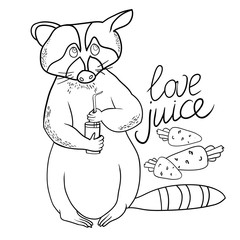 Vector illustration, linear black and white drawing, cartoon, funny raccoon and carrot