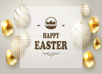 Easter light composition with eggs on pendants and a transparent frame with text,