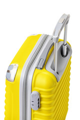 Modern yellow suitcase isolated on white. Travel baggage and tourism concept