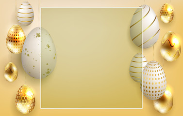 Easter yellow composition with shiny gold and white eggs with a pattern on pendants,
