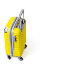 Modern yellow suitcase isolated on white. Travel baggage and tourism concept