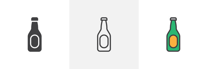 Beer bottle icon. Line, glyph and filled outline colorful version, lager beer bottle outline and filled vector sign. Bar symbol, logo illustration. Different style icons set. Vector graphics