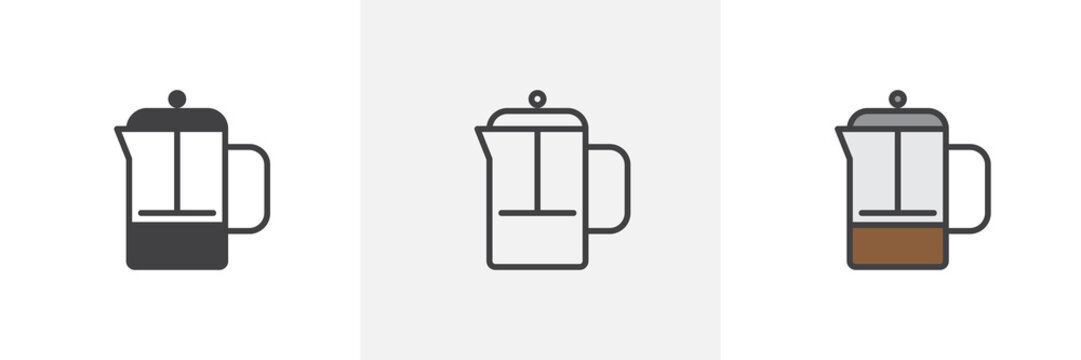 French press kettle icon. Line, glyph and filled outline colorful version, Coffee press pot outline and filled vector sign. Symbol, logo illustration. Different style icons set. Vector graphics