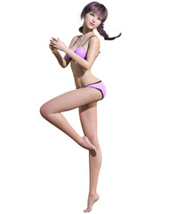 3D beautiful summer beach woman swimsuit bikini.Summer rest.Conceptual fashion art.Seductive candid pose.Realistic render illustration.Isolate