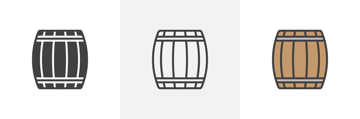 Wooden keg, barrel icon. Line, glyph and filled outline colorful version, Beer barrel outline and filled vector sign. Bar symbol, logo illustration. Different style icons set. Vector graphics