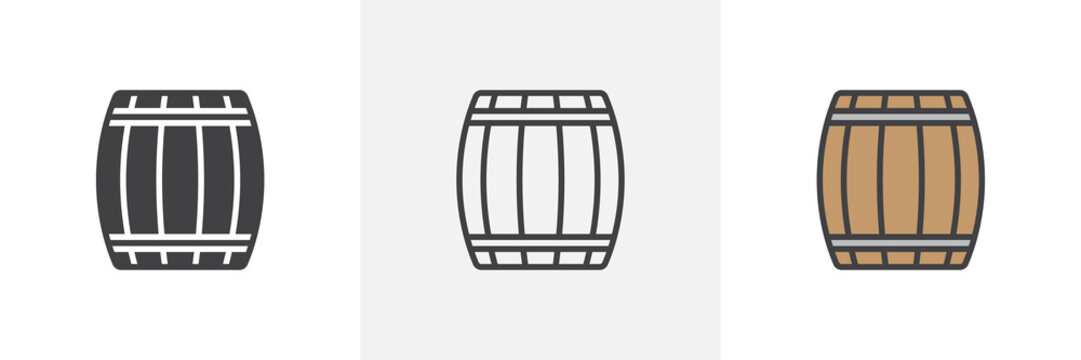 Wooden keg, barrel icon. Line, glyph and filled outline colorful version, Beer barrel outline and filled vector sign. Bar symbol, logo illustration. Different style icons set. Vector graphics