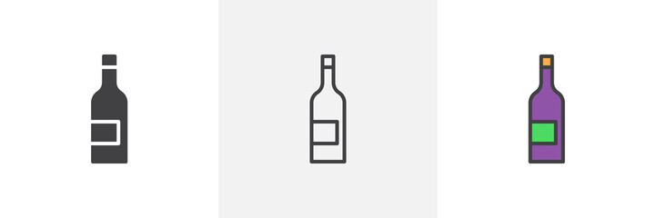 Wine bottle icon. Line, glyph and filled outline colorful version, Alcohol beverage bottle outline and filled vector sign. Bar symbol, logo illustration. Different style icons set. Vector graphics