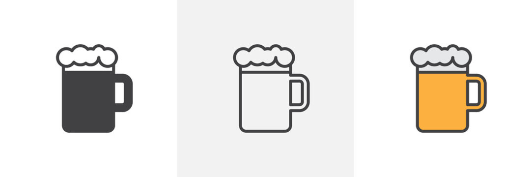 Beer mug with foam icon. Line, glyph and filled outline colorful version, Glass of beer outline and filled vector sign. Bar, pub symbol, logo illustration. Different style icons set. Vector graphics