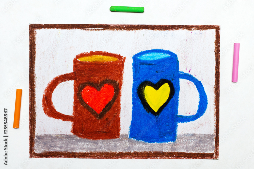 Wall mural Colorful drawing: two mugs with hearts