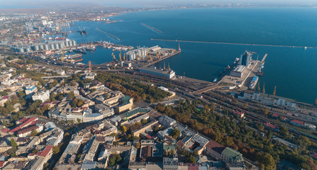 Aerial view panorama of Odessa with port and sea, Ukraine