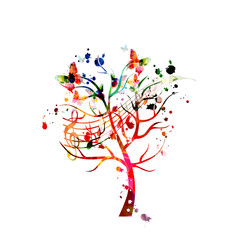Music background with colorful tree and music notes vector illustration design. Artistic music festival poster, live concert events, party flyer, music notes signs and symbols