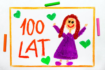 Kolorwy rysunek: Laurka z okazji urodzin z napisem 100 lat 