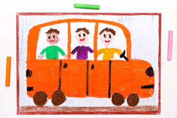 Colorful drawing: bus or school bus with happy children inside