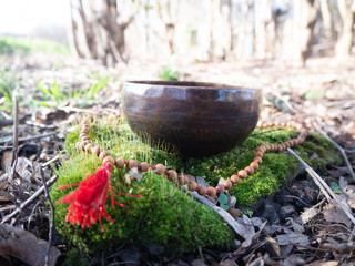 Tibetan singing bowl on mossy ground with wooden and red coloured mala. 