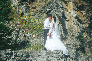 Happy newlyweds stand on the rocks near the clear blue lake