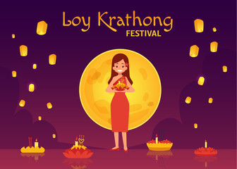 Thailand Loy Krathong and Yee Peng Festival in cartoon style.