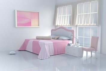 Pink bed room decorated with tree in glass vase, pillows, white blanket, Window, Sky, Lamp,White wall it is pattern,chair, The sun shines through the window into the shadows,White floor.3d rendering.