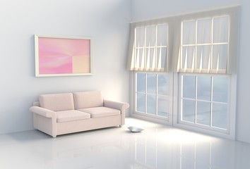 Warm white room decor with white cement wall, tile floor, curtain, window,picture frames,sofa.The sun shines through the window into the shadows. 3D render.
