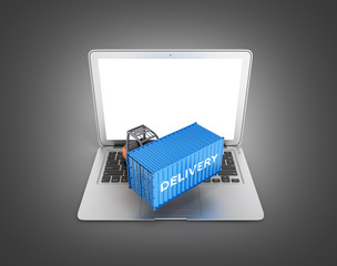 Delivery concept Cargo container with a forklift placed on a laptop isolated on black gradient background 3d