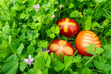 Pasqua uova colorate rosse sul erba verde