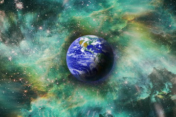 Earth in the outer space collage. Earth and galaxies in space. Science fiction art. Earth planet in...