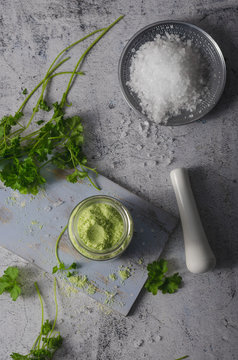 Homemade bio flavored salt with herbs