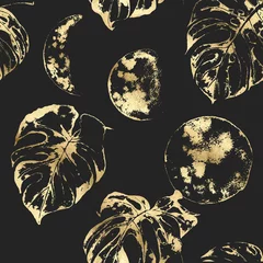 Fotobehang Zwart goud Tropisch waterverf naadloos patroon met bladgoudillustratie
