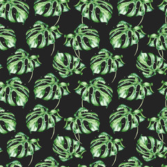 Tropical watercolor seamless pattern with green leaves illustration