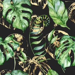 Tuinposter Tropical watercolor seamless pattern with green leaves illustration © EvgeniiasArt