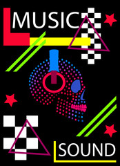 Music halftone skull icon with headphones beats, pop art neon vector background 