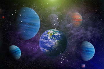 Earth in the outer space collage. Earth and galaxies in space. Science fiction art. Earth planet in...