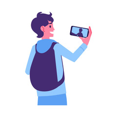 Vector young man making selfie by smarphone