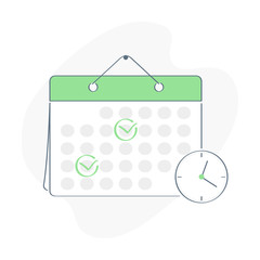 Cartoon Character Make an Online Schedule. Business Graphics Tasks, Planning and Scheduling Operations Agenda on a Week in the Calendar. Outline vector on white background.  