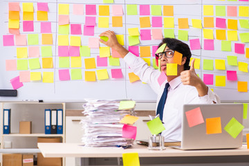 Young employee in conflicting priorities concept 