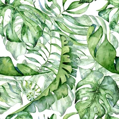 Tapeten Nahtloses Muster des tropischen Aquarells mit grüner Blattillustration © EvgeniiasArt