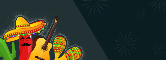 Website header or banner design with illustration of Cinco De Mayo celebration, cartoon of red chilli wearing sombrero hat.