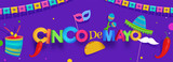 Purple header or banner design decorated with colorful bunting and party elements for Cinco De Mayo celebration.