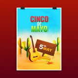 Cinco De Mayo party celebration on date of 5th may poster or greeting card design, decoration of cactus, guitar and red chilli.
