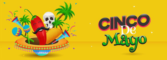 Fiesta party flyer or banner design for Cinco De Mayo celebration with colorful text, sombrero hat and confetti decoration on yellow background.